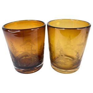 Homestudio Woodland Tumblers 4.25” Amber Etched Cabin Thick Glass Set of 2
